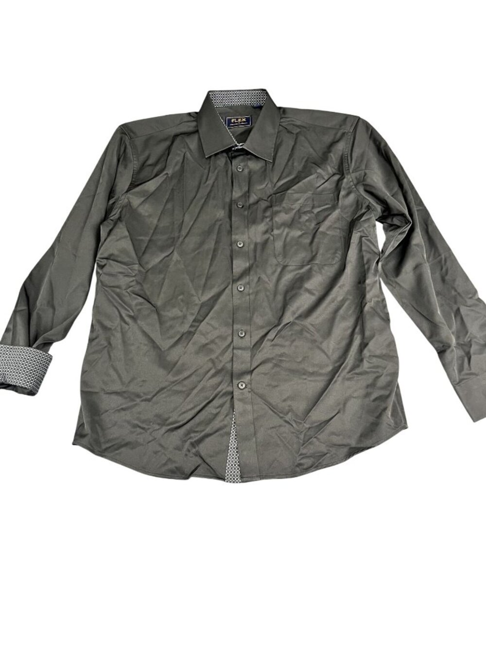 Flex Mens Black Button-Up Shirt Patterned Collar & Cuffs Long Sleeve Large